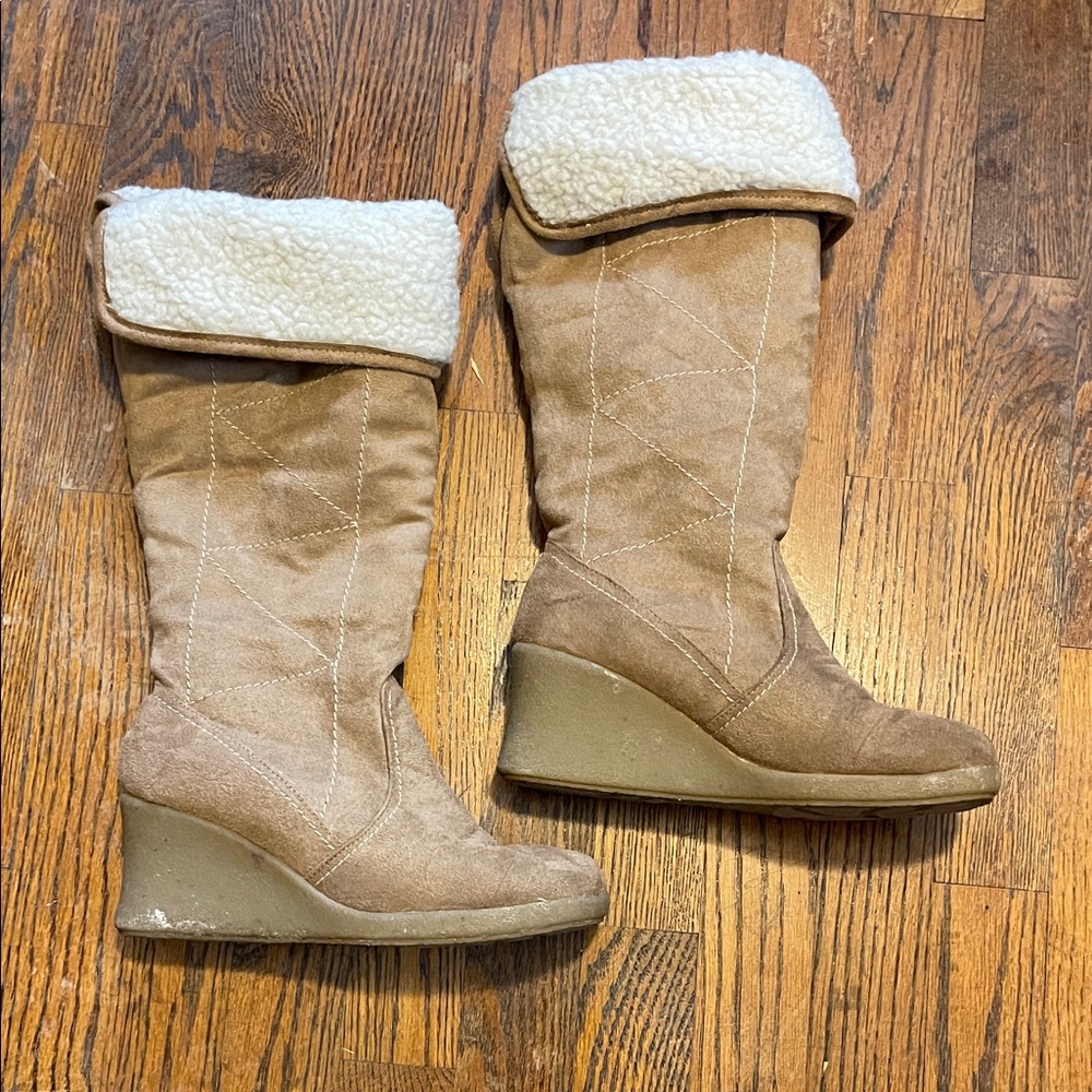 BAMBOO Tan Winter Wedge Boots